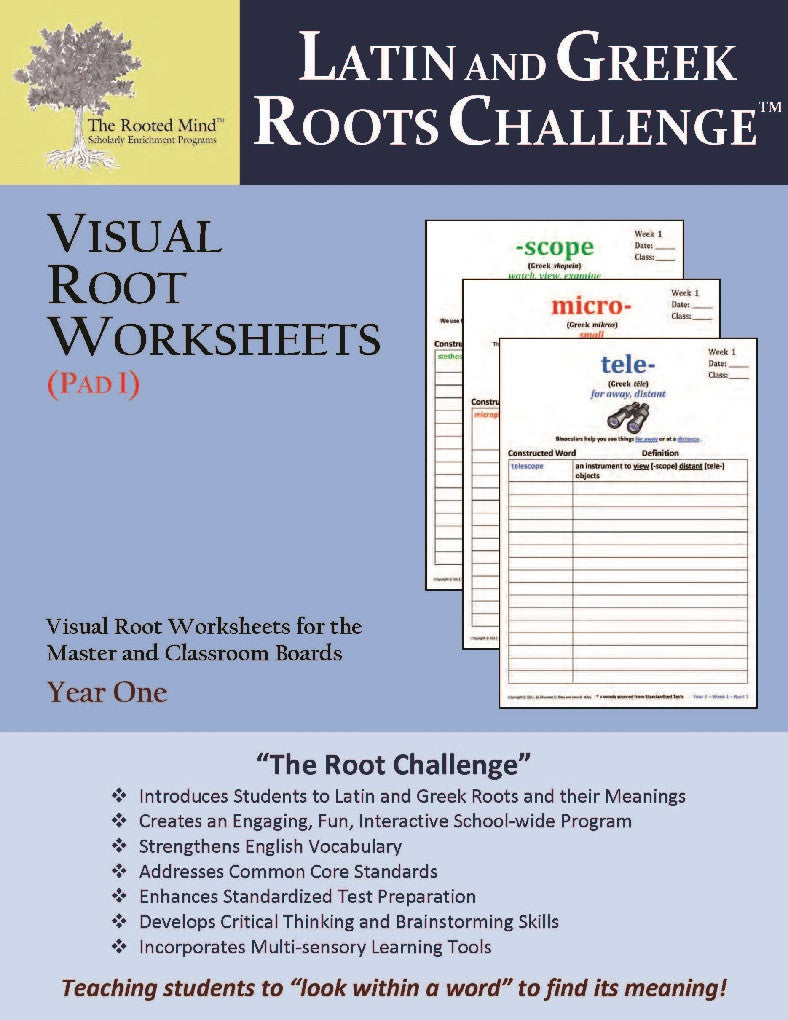 Latin and Greek Roots Challenge - Visual Root Worksheets (Pad I) - Year 1